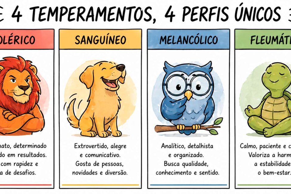 "Ilustração em tirinha com símbolos dos quatro temperamentos: colérico, sanguíneo, melancólico e fleumático"