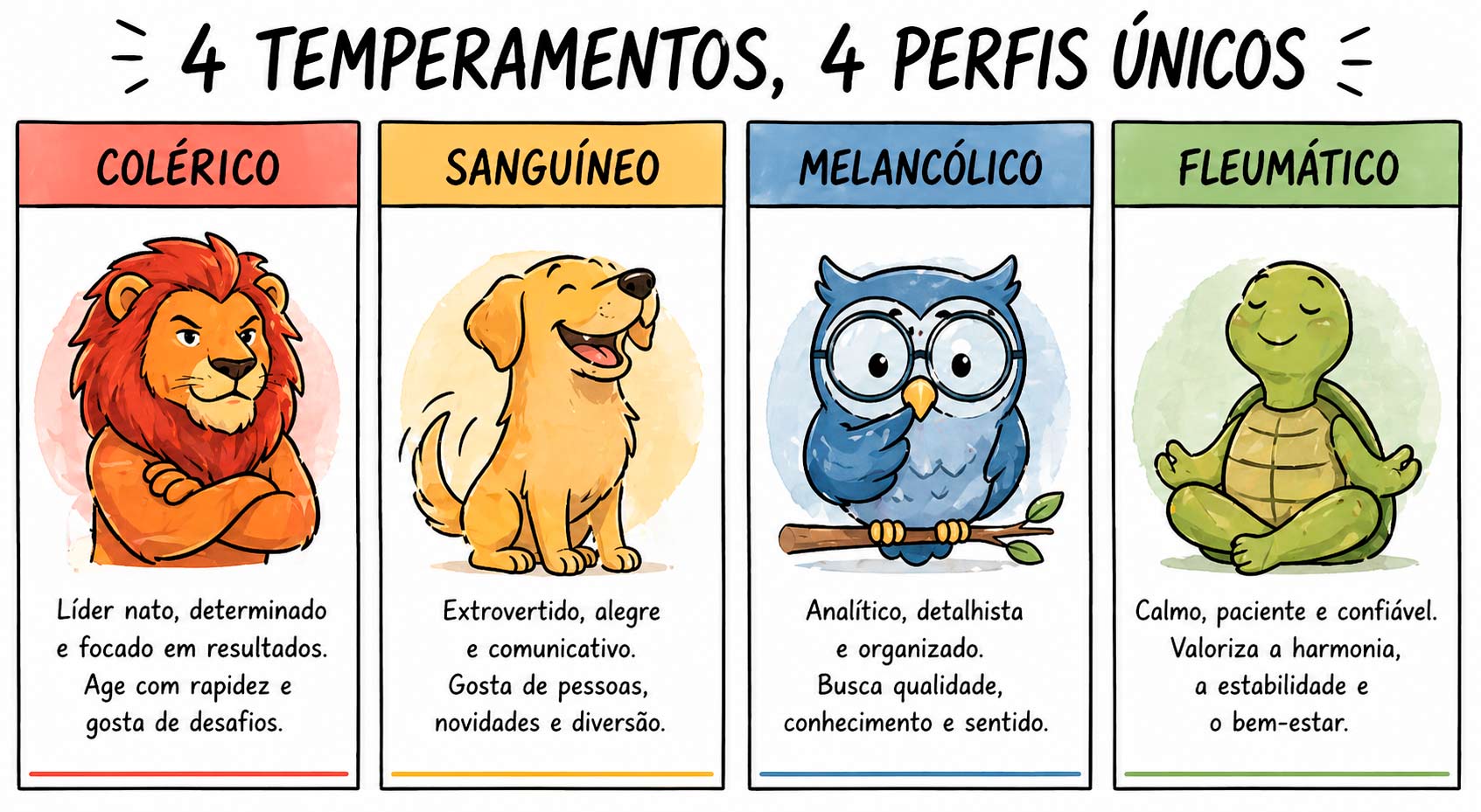 "Ilustração em tirinha com símbolos dos quatro temperamentos: colérico, sanguíneo, melancólico e fleumático"